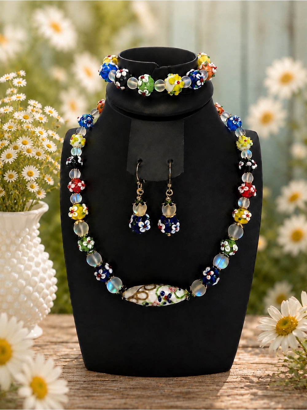 Bumpy Lampwork Floral Glass Multicolor Beaded Necklace, Bracelet & Earring Set - Picture 3 of 4